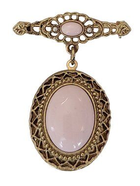 1928 Brand Faux Coral Clear Rhinestone Locket Bar Pin Brooch, K351